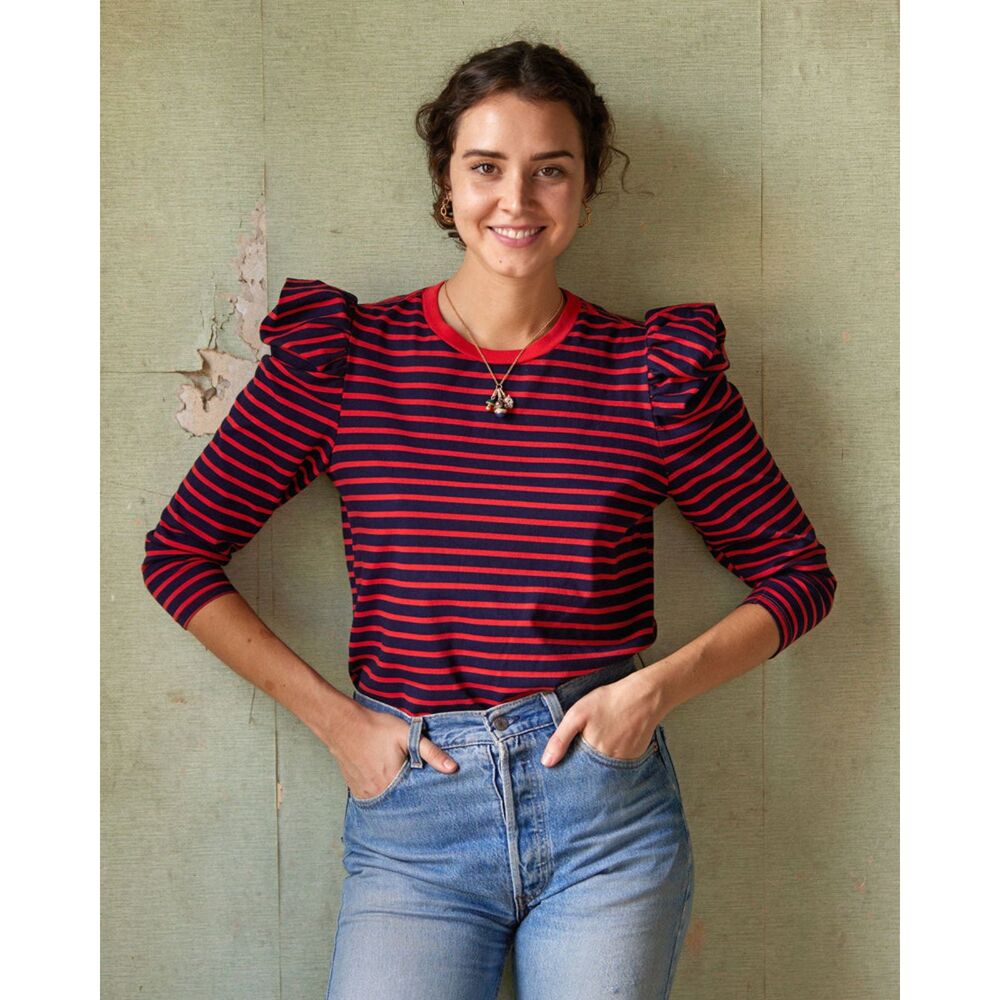 Clare V. Le Puff Longsleeve Tee - Navy & Poppy Stripe L